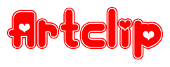 The image is a red and white graphic with the word Artclip written in a decorative script. Each letter in  is contained within its own outlined bubble-like shape. Inside each letter, there is a white heart symbol.