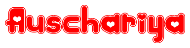 The image is a clipart featuring the word Auschariya written in a stylized font with a heart shape replacing inserted into the center of each letter. The color scheme of the text and hearts is red with a light outline.