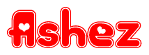 The image is a red and white graphic with the word Ashez written in a decorative script. Each letter in  is contained within its own outlined bubble-like shape. Inside each letter, there is a white heart symbol.
