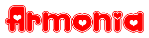 The image is a red and white graphic with the word Armonia written in a decorative script. Each letter in  is contained within its own outlined bubble-like shape. Inside each letter, there is a white heart symbol.