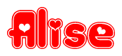 The image is a red and white graphic with the word Alise written in a decorative script. Each letter in  is contained within its own outlined bubble-like shape. Inside each letter, there is a white heart symbol.