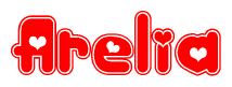 The image is a red and white graphic with the word Arelia written in a decorative script. Each letter in  is contained within its own outlined bubble-like shape. Inside each letter, there is a white heart symbol.