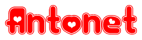 The image is a clipart featuring the word Antonet written in a stylized font with a heart shape replacing inserted into the center of each letter. The color scheme of the text and hearts is red with a light outline.