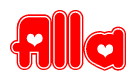 The image is a clipart featuring the word Alla written in a stylized font with a heart shape replacing inserted into the center of each letter. The color scheme of the text and hearts is red with a light outline.