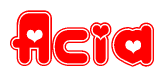 The image displays the word Acia written in a stylized red font with hearts inside the letters.