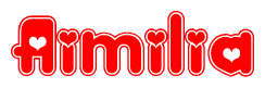 The image displays the word Aimilia written in a stylized red font with hearts inside the letters.