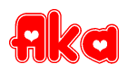 The image is a red and white graphic with the word Aka written in a decorative script. Each letter in  is contained within its own outlined bubble-like shape. Inside each letter, there is a white heart symbol.