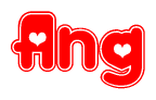 The image is a red and white graphic with the word Ang written in a decorative script. Each letter in  is contained within its own outlined bubble-like shape. Inside each letter, there is a white heart symbol.