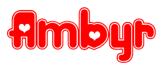 The image is a clipart featuring the word Ambyr written in a stylized font with a heart shape replacing inserted into the center of each letter. The color scheme of the text and hearts is red with a light outline.