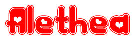 The image displays the word Alethea written in a stylized red font with hearts inside the letters.
