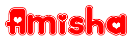 The image is a clipart featuring the word Amisha written in a stylized font with a heart shape replacing inserted into the center of each letter. The color scheme of the text and hearts is red with a light outline.