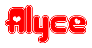 The image is a clipart featuring the word Alyce written in a stylized font with a heart shape replacing inserted into the center of each letter. The color scheme of the text and hearts is red with a light outline.