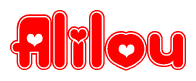 The image is a red and white graphic with the word Alilou written in a decorative script. Each letter in  is contained within its own outlined bubble-like shape. Inside each letter, there is a white heart symbol.