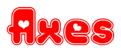 The image is a red and white graphic with the word Axes written in a decorative script. Each letter in  is contained within its own outlined bubble-like shape. Inside each letter, there is a white heart symbol.