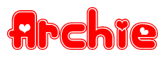 The image is a red and white graphic with the word Archie written in a decorative script. Each letter in  is contained within its own outlined bubble-like shape. Inside each letter, there is a white heart symbol.