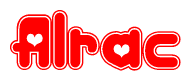 The image is a red and white graphic with the word Alrac written in a decorative script. Each letter in  is contained within its own outlined bubble-like shape. Inside each letter, there is a white heart symbol.