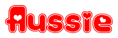 The image is a clipart featuring the word Aussie written in a stylized font with a heart shape replacing inserted into the center of each letter. The color scheme of the text and hearts is red with a light outline.