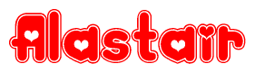 The image is a clipart featuring the word Alastair written in a stylized font with a heart shape replacing inserted into the center of each letter. The color scheme of the text and hearts is red with a light outline.