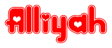 The image is a red and white graphic with the word Alliyah written in a decorative script. Each letter in  is contained within its own outlined bubble-like shape. Inside each letter, there is a white heart symbol.