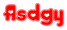 The image displays the word Asdgy written in a stylized red font with hearts inside the letters.
