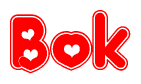 The image is a clipart featuring the word Bok written in a stylized font with a heart shape replacing inserted into the center of each letter. The color scheme of the text and hearts is red with a light outline.
