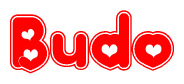 The image is a red and white graphic with the word Budo written in a decorative script. Each letter in  is contained within its own outlined bubble-like shape. Inside each letter, there is a white heart symbol.