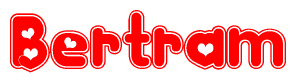 The image is a red and white graphic with the word Bertram written in a decorative script. Each letter in  is contained within its own outlined bubble-like shape. Inside each letter, there is a white heart symbol.