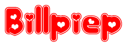 The image is a red and white graphic with the word Billpiep written in a decorative script. Each letter in  is contained within its own outlined bubble-like shape. Inside each letter, there is a white heart symbol.