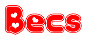The image is a red and white graphic with the word Becs written in a decorative script. Each letter in  is contained within its own outlined bubble-like shape. Inside each letter, there is a white heart symbol.