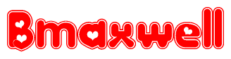The image is a red and white graphic with the word Bmaxwell written in a decorative script. Each letter in  is contained within its own outlined bubble-like shape. Inside each letter, there is a white heart symbol.