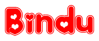 The image is a red and white graphic with the word Bindu written in a decorative script. Each letter in  is contained within its own outlined bubble-like shape. Inside each letter, there is a white heart symbol.