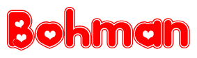 The image is a red and white graphic with the word Bohman written in a decorative script. Each letter in  is contained within its own outlined bubble-like shape. Inside each letter, there is a white heart symbol.