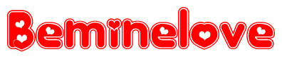 The image is a clipart featuring the word Beminelove written in a stylized font with a heart shape replacing inserted into the center of each letter. The color scheme of the text and hearts is red with a light outline.