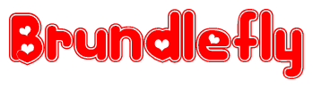 The image is a red and white graphic with the word Brundlefly written in a decorative script. Each letter in  is contained within its own outlined bubble-like shape. Inside each letter, there is a white heart symbol.
