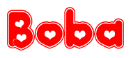 The image displays the word Boba written in a stylized red font with hearts inside the letters.