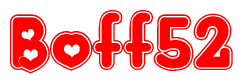 The image is a red and white graphic with the word Boff52 written in a decorative script. Each letter in  is contained within its own outlined bubble-like shape. Inside each letter, there is a white heart symbol.