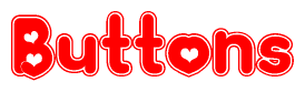 The image is a red and white graphic with the word Buttons written in a decorative script. Each letter in  is contained within its own outlined bubble-like shape. Inside each letter, there is a white heart symbol.