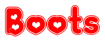 The image is a clipart featuring the word Boots written in a stylized font with a heart shape replacing inserted into the center of each letter. The color scheme of the text and hearts is red with a light outline.