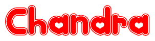 The image is a red and white graphic with the word Chandra written in a decorative script. Each letter in  is contained within its own outlined bubble-like shape. Inside each letter, there is a white heart symbol.