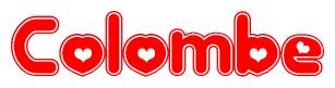 The image is a red and white graphic with the word Colombe written in a decorative script. Each letter in  is contained within its own outlined bubble-like shape. Inside each letter, there is a white heart symbol.