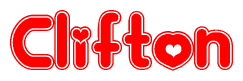 The image is a red and white graphic with the word Clifton written in a decorative script. Each letter in  is contained within its own outlined bubble-like shape. Inside each letter, there is a white heart symbol.