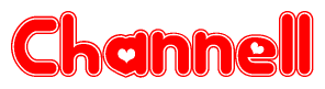 The image is a clipart featuring the word Channell written in a stylized font with a heart shape replacing inserted into the center of each letter. The color scheme of the text and hearts is red with a light outline.