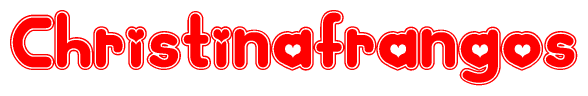 The image is a red and white graphic with the word Christinafrangos written in a decorative script. Each letter in  is contained within its own outlined bubble-like shape. Inside each letter, there is a white heart symbol.