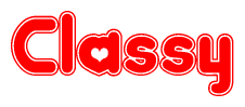 The image displays the word Classy written in a stylized red font with hearts inside the letters.