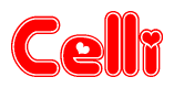   The image is a red and white graphic with the word Celli written in a decorative script. Each letter in  is contained within its own outlined bubble-like shape. Inside each letter, there is a white heart symbol. 