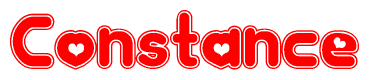 The image is a red and white graphic with the word Constance written in a decorative script. Each letter in  is contained within its own outlined bubble-like shape. Inside each letter, there is a white heart symbol.