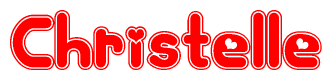 The image is a red and white graphic with the word Christelle written in a decorative script. Each letter in  is contained within its own outlined bubble-like shape. Inside each letter, there is a white heart symbol.