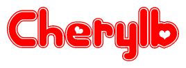 The image is a red and white graphic with the word Cherylb written in a decorative script. Each letter in  is contained within its own outlined bubble-like shape. Inside each letter, there is a white heart symbol.