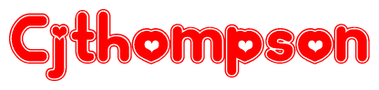The image is a red and white graphic with the word Cjthompson written in a decorative script. Each letter in  is contained within its own outlined bubble-like shape. Inside each letter, there is a white heart symbol.