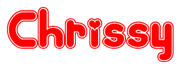 The image is a red and white graphic with the word Chrissy written in a decorative script. Each letter in  is contained within its own outlined bubble-like shape. Inside each letter, there is a white heart symbol.
